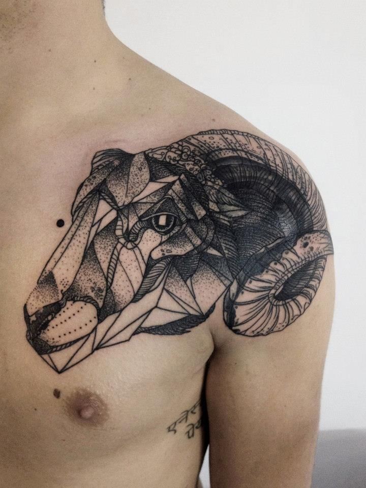 Sheep head black ink tattoo on shoulder - Tattooimages.biz